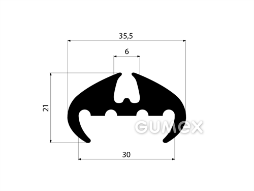 Pryžový profil do oken dopravních prostředků bez klínku, 21x35,5/30/6mm, 70°ShA, EPDM, -40°C/+100°C, černý